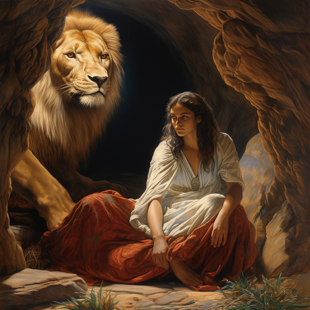 Girl leaving desert cave with lion