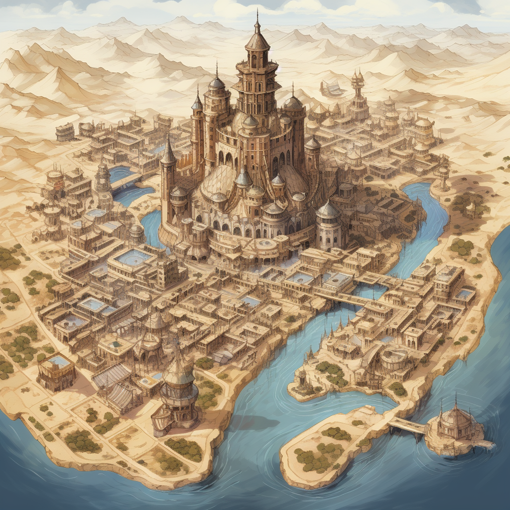 Desert city with river and central tower