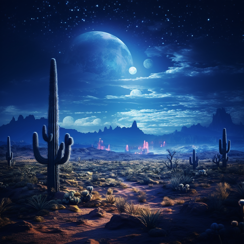 Nighttime Desert Landscape with Blue Moon Mountains and Cactus