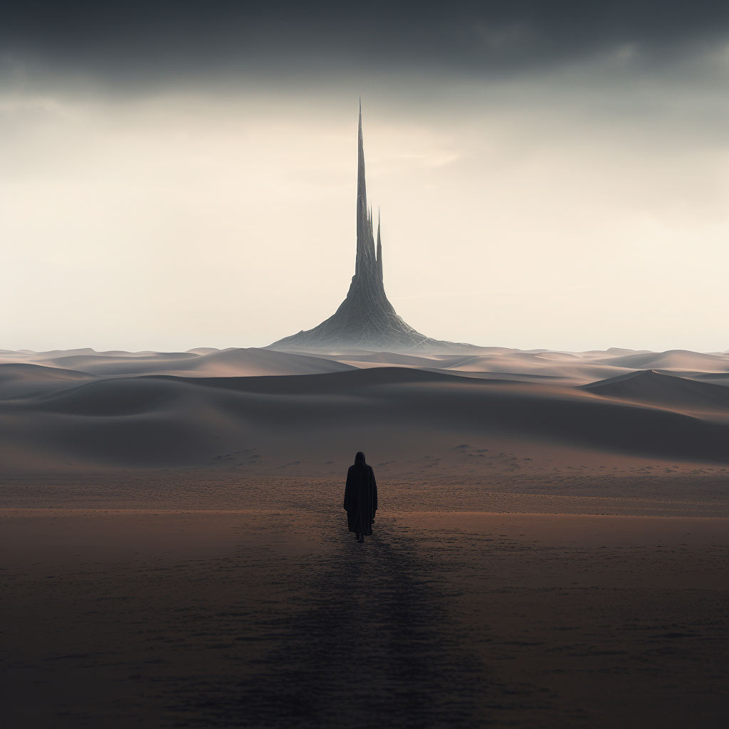 Desert Landscape with Lonely Person and Futuristic Architecture