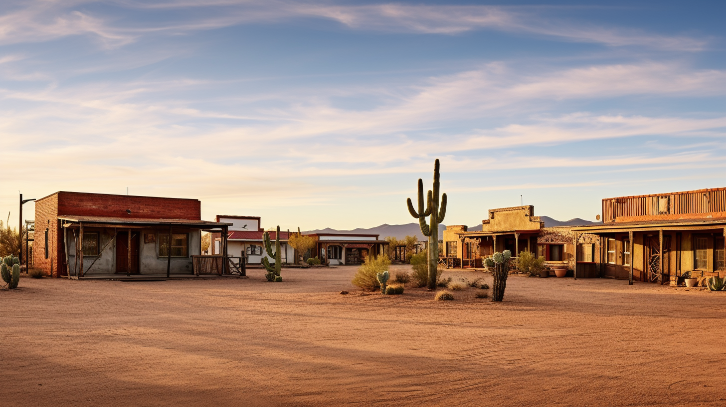 Photorealistic sunrise in a Mexican town with cactus and saloon