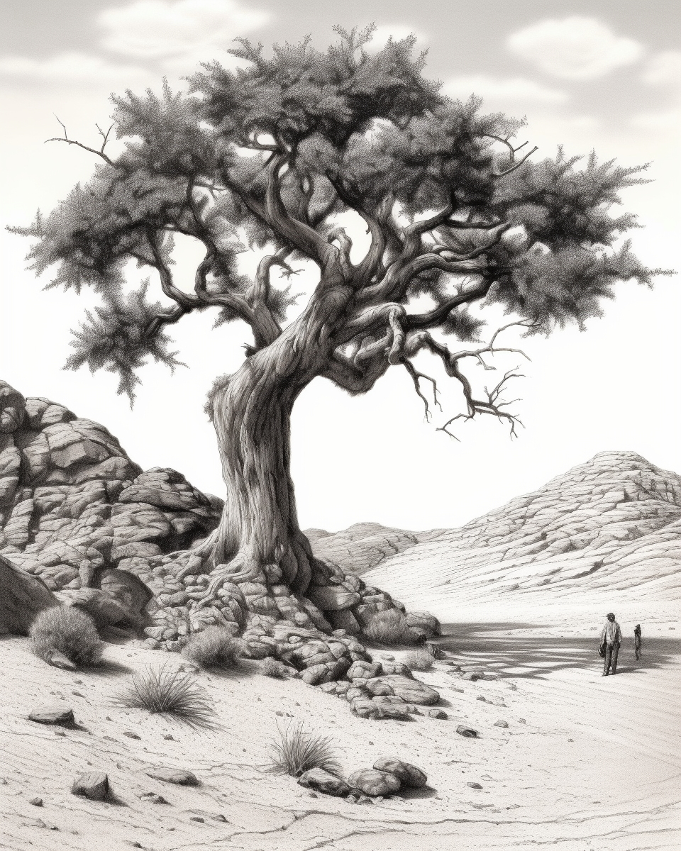 Sketch of a desert with trees and silence