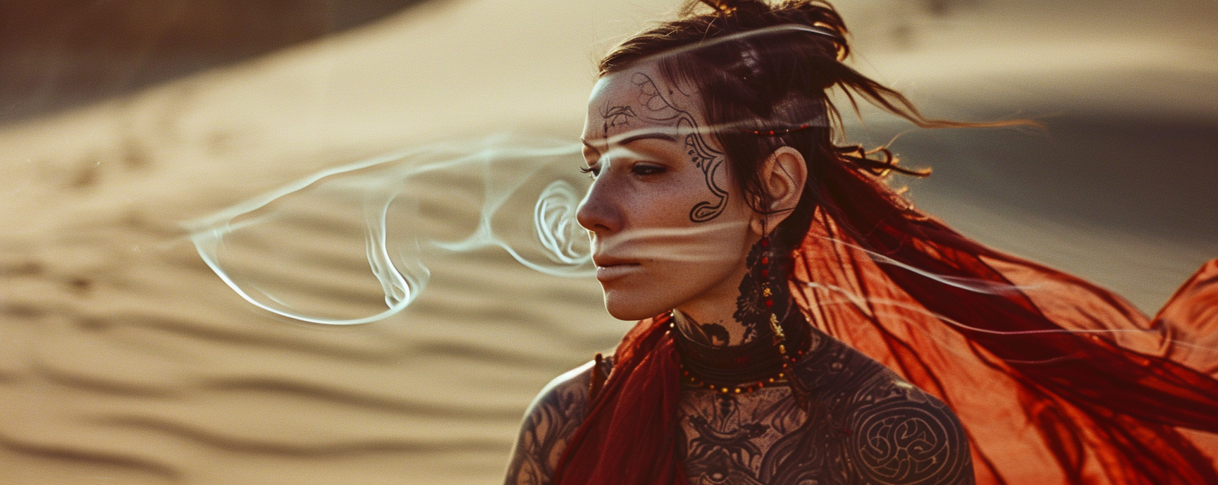 Beautiful tattooed sorceress using telepathy in desert fantasy scene