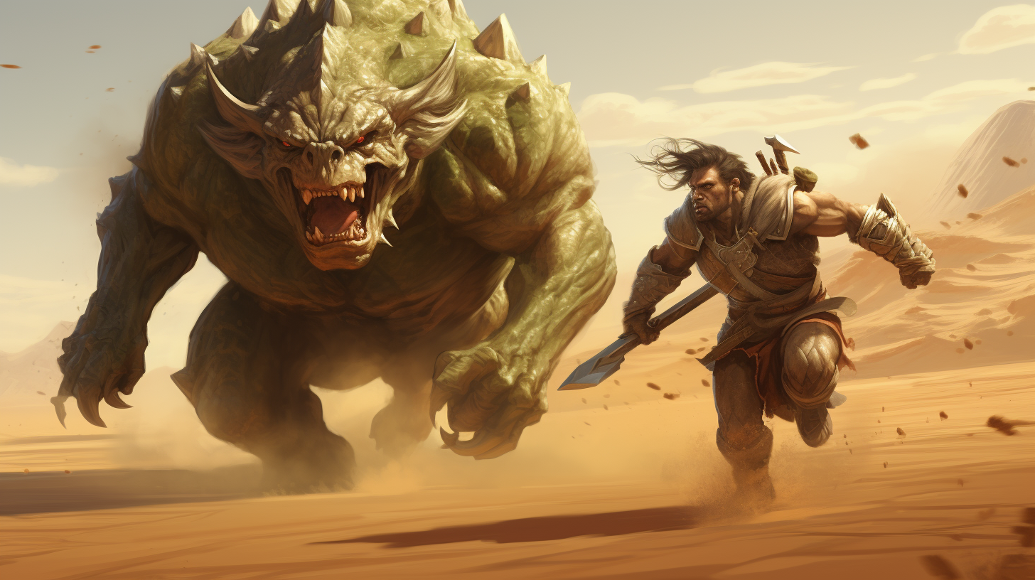 Brave desert warrior chasing fleeing orc soldier