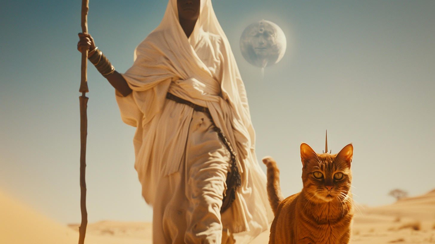 Black woman with cat and staff in desert