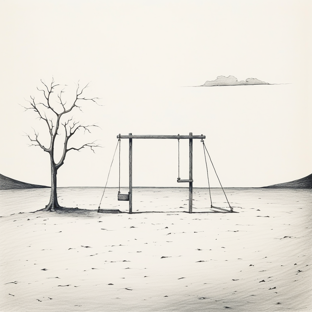 Minimalist depiction of a deserted playground swing