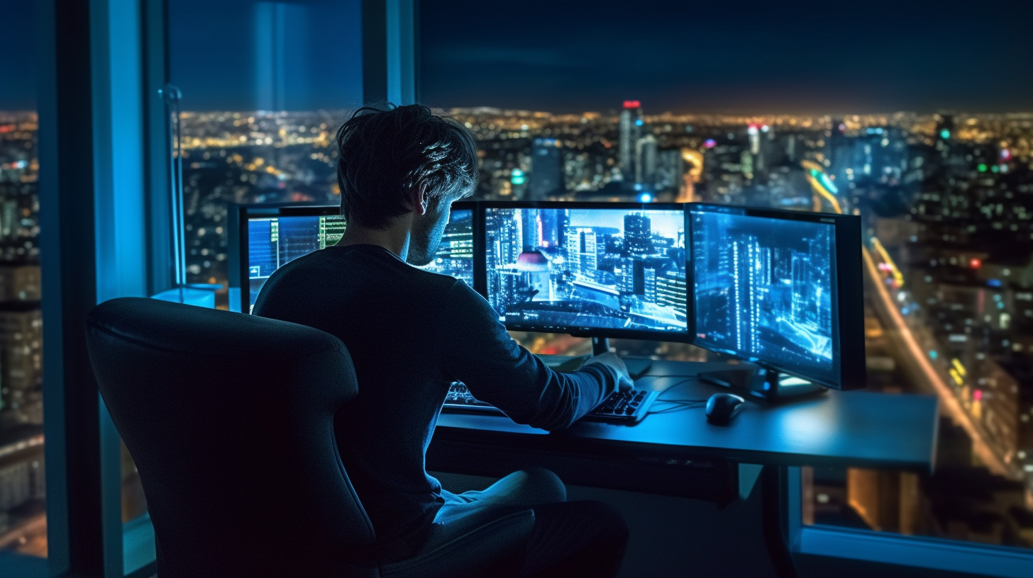 Designer Male Sitting on Modern Chair with Illuminated Monitors