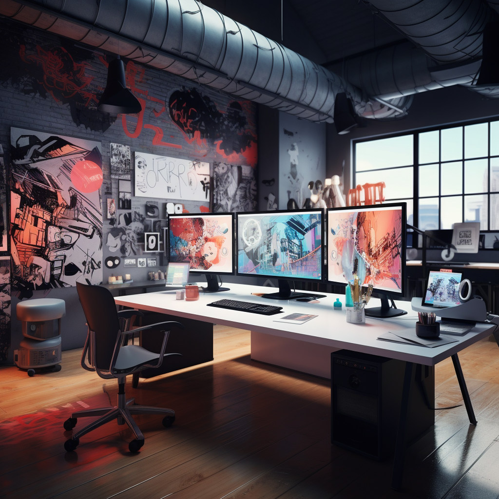 Photorealistic image of designer studio with computers and designs