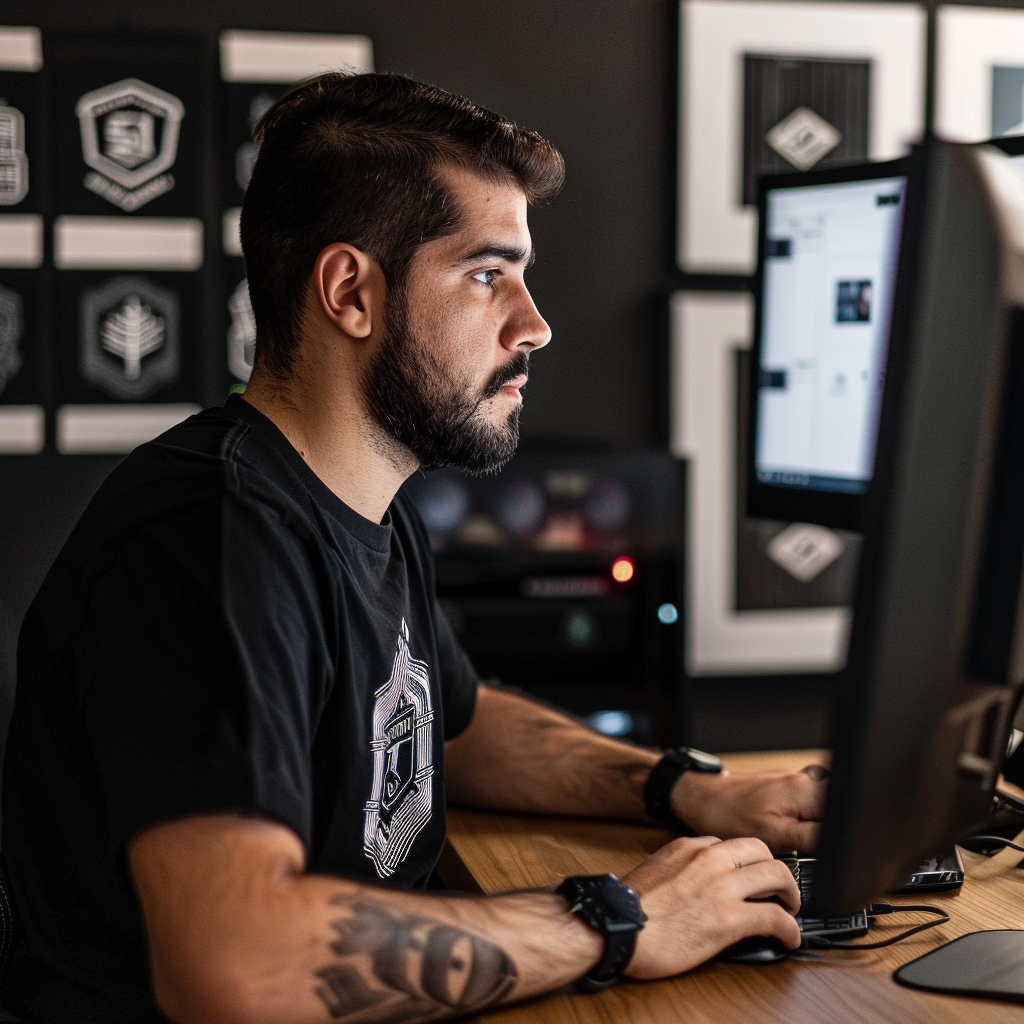 Designer in black t-shirt working