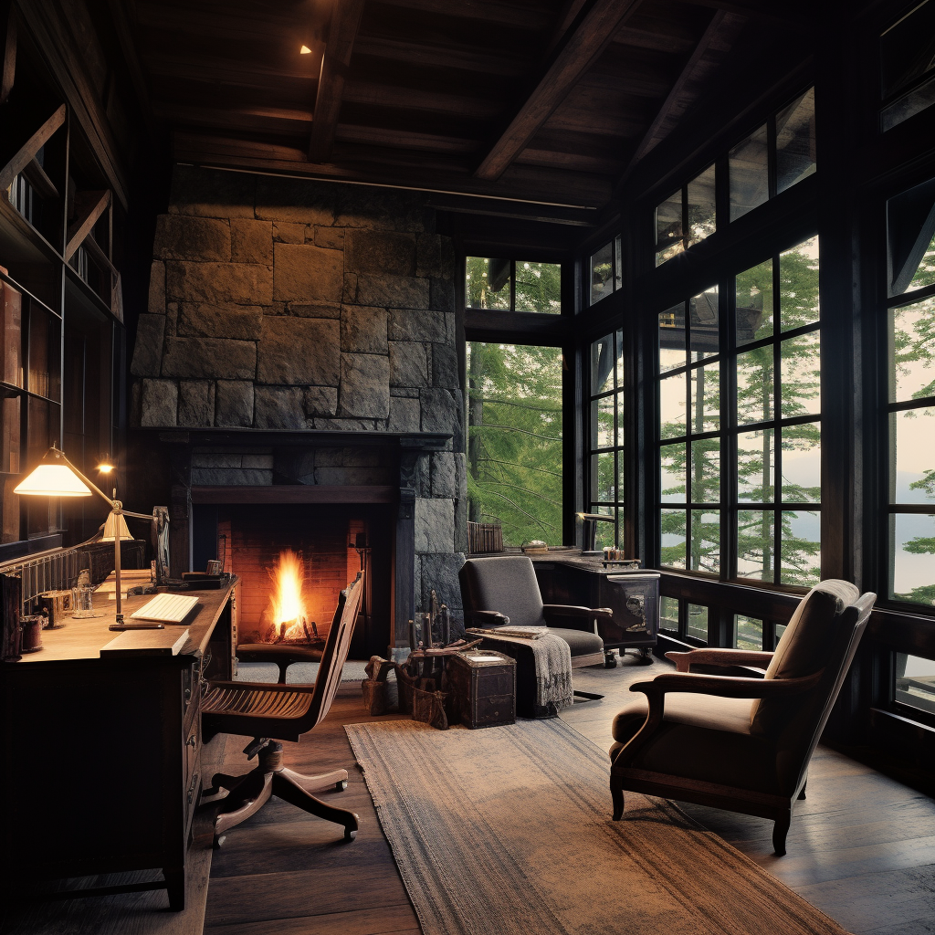 Desk area next to fireplace in cabin