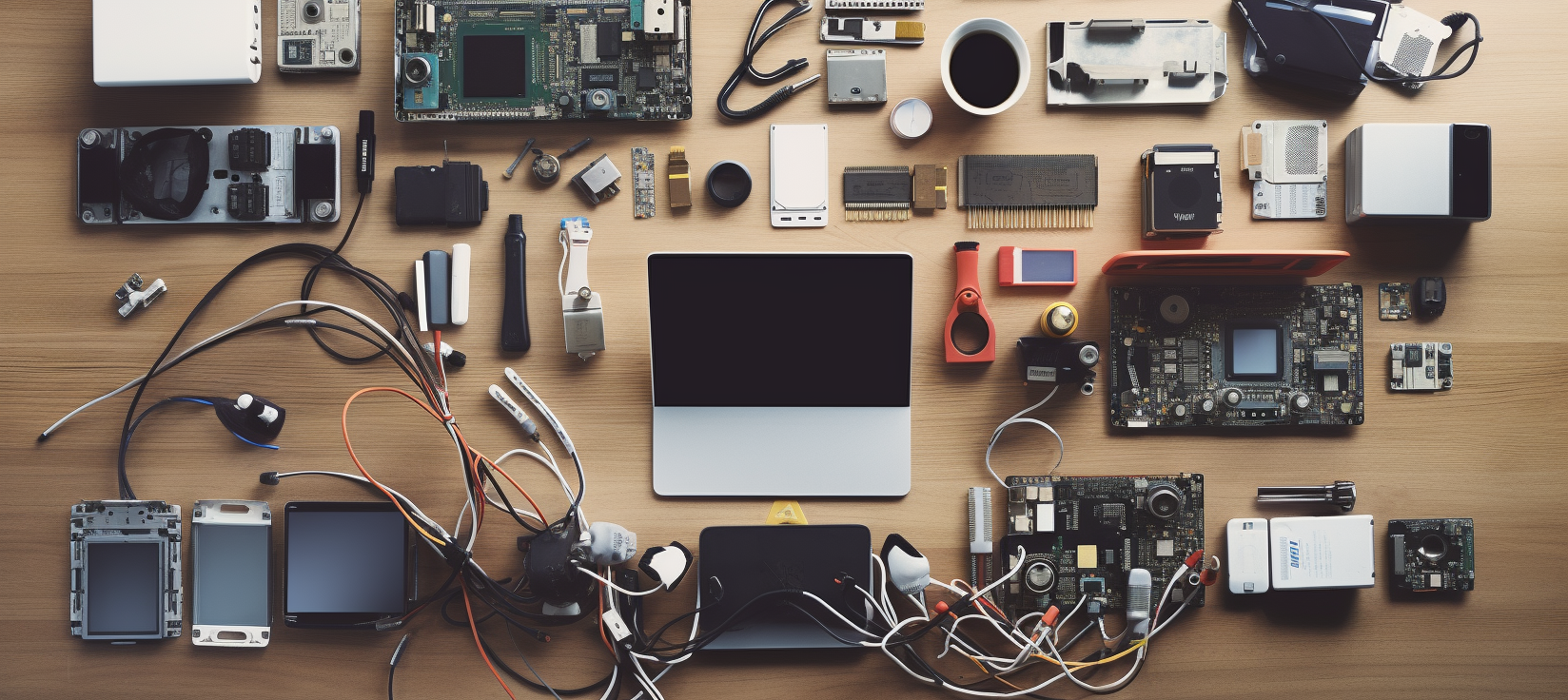 Top-Down View of Desk with Networking Equipment