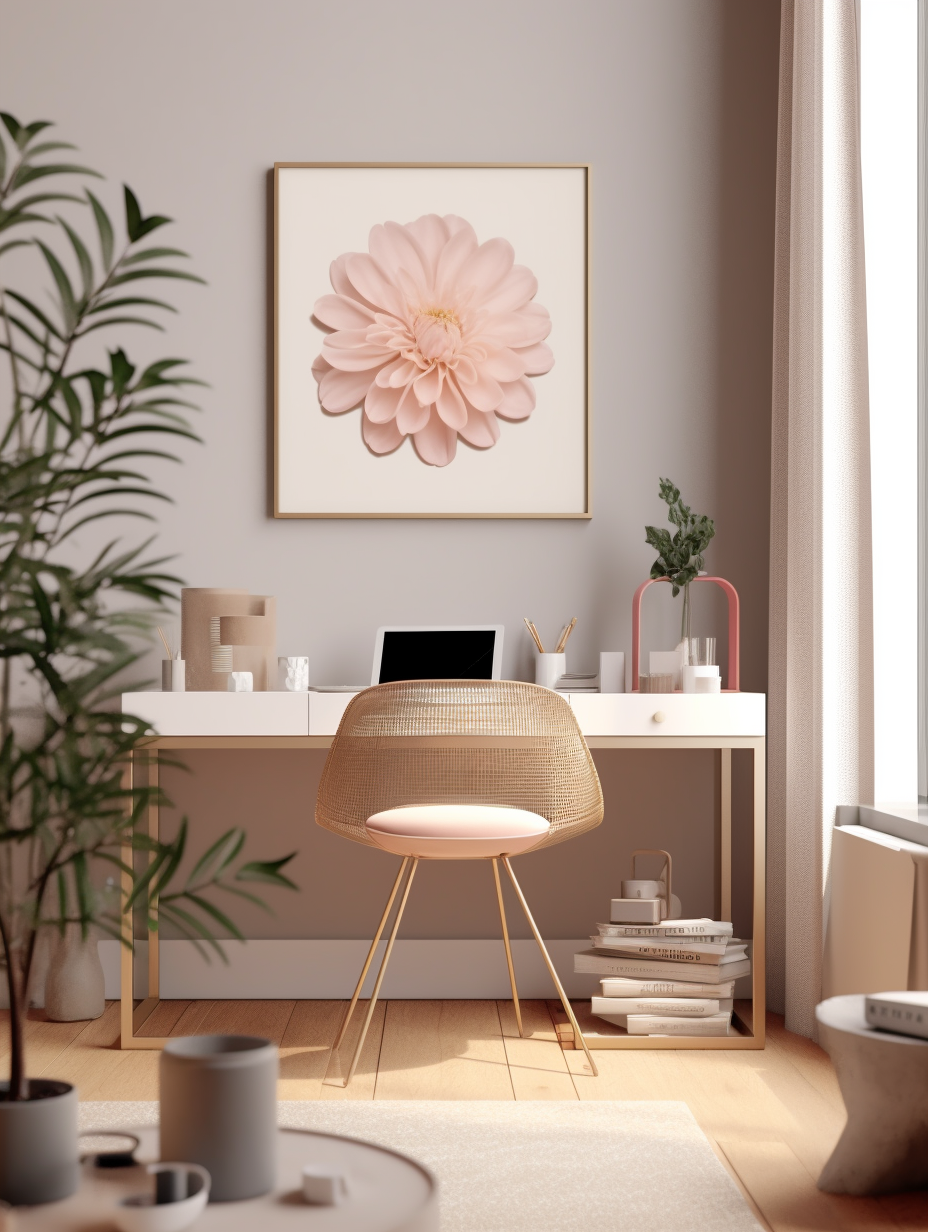 Serene desk with flower in bold lettering