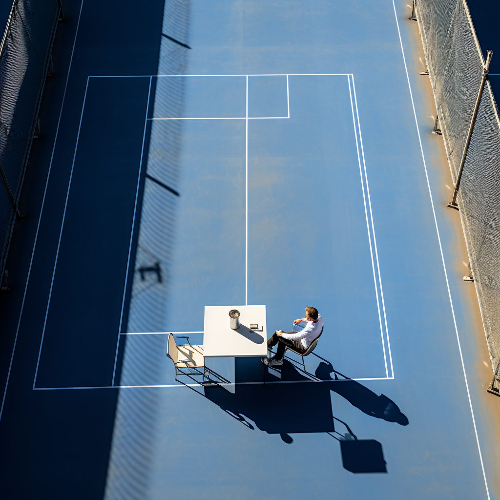 Worker at Desk in Tennis Stadium