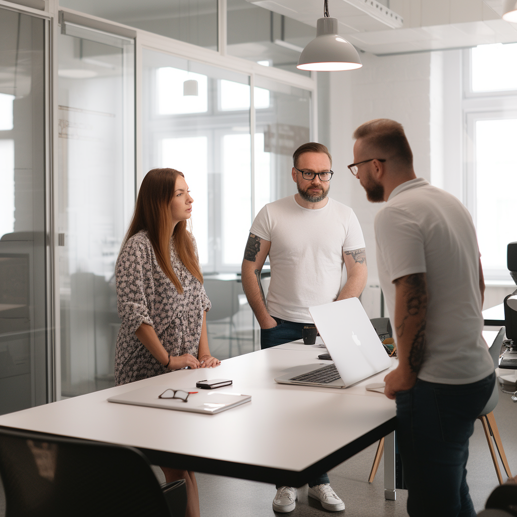 Three individuals talking around an office desk.