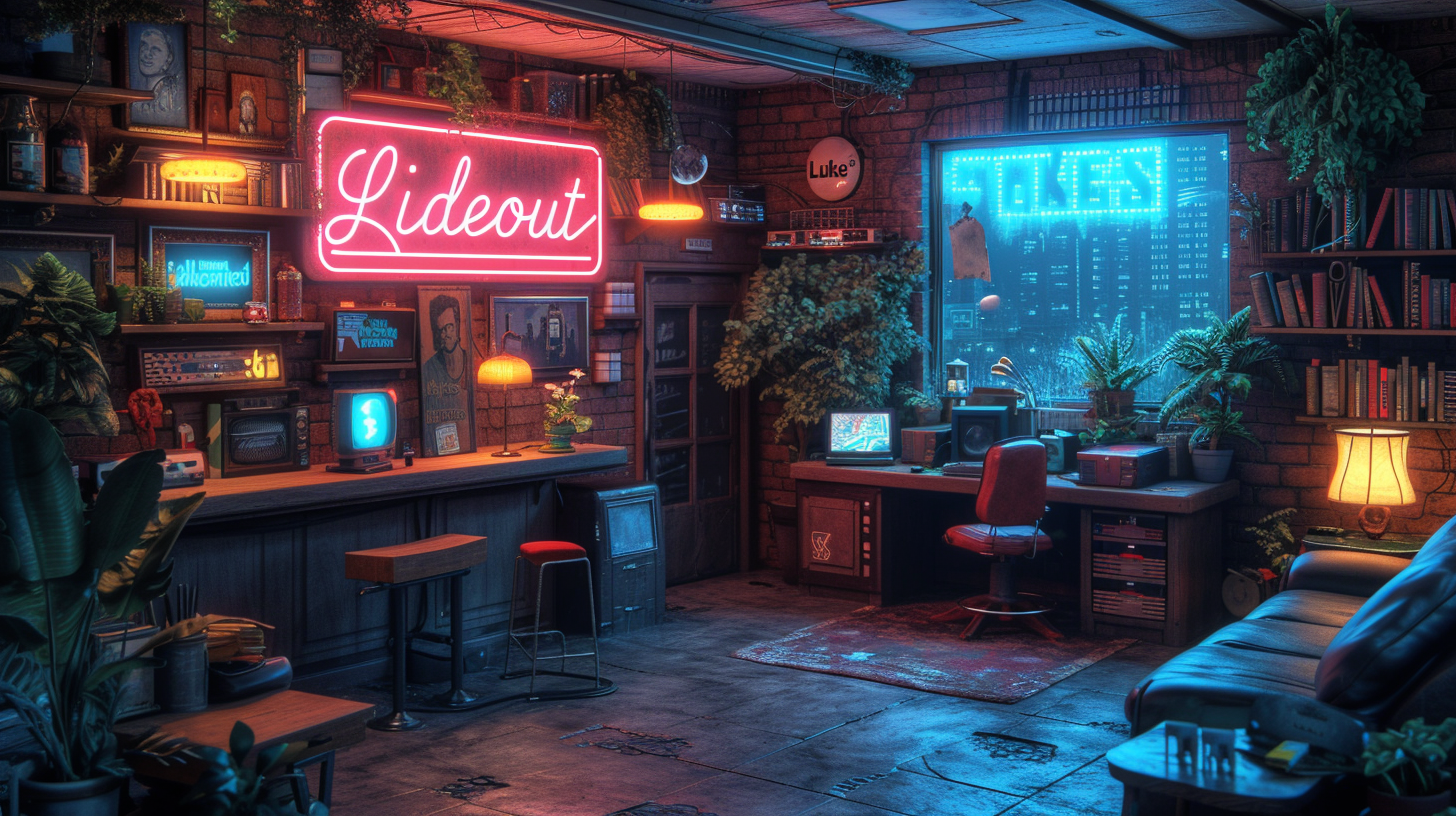 Colorful abstract gaming room with neon hideout sign