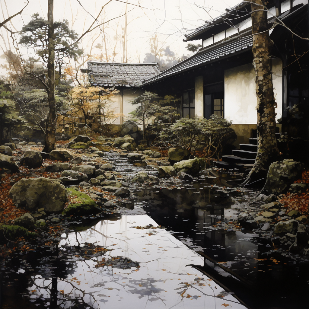 Desolate garden with black rocks, puddles, and white walls