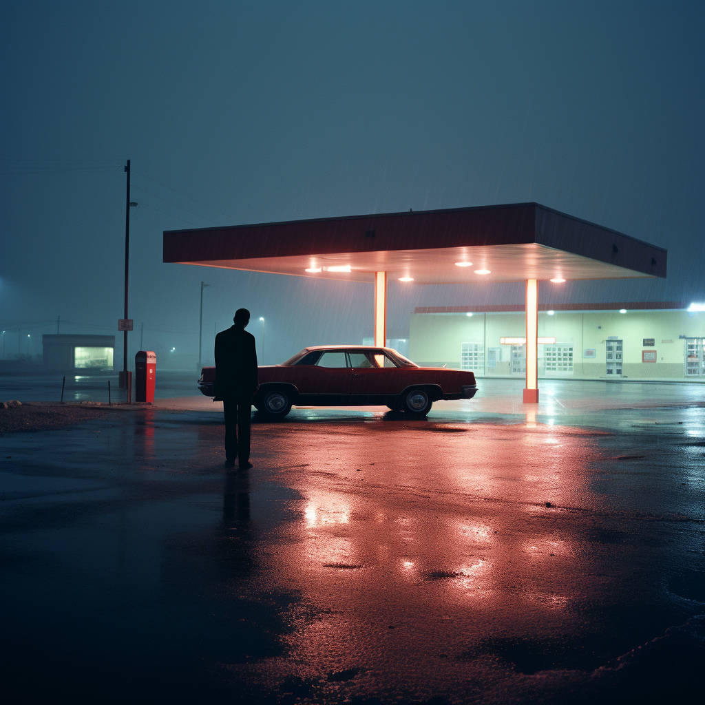 Young man on Lincoln Continental rooftop