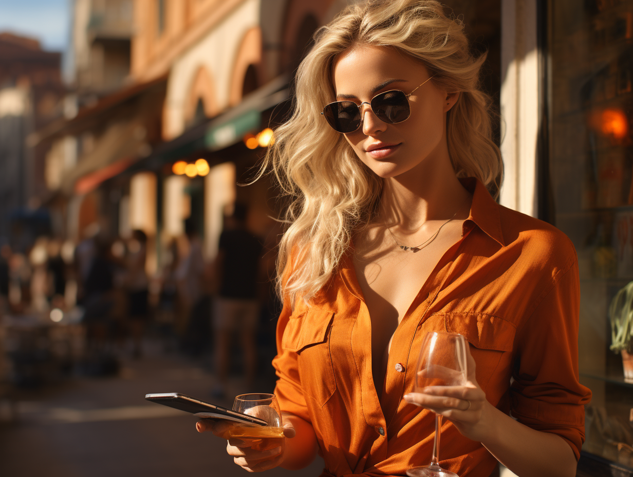 Blonde girl ordering wine amidst Aperol Spritz