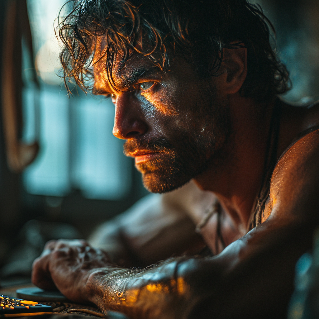 Muscular man sitting at computer with steroids