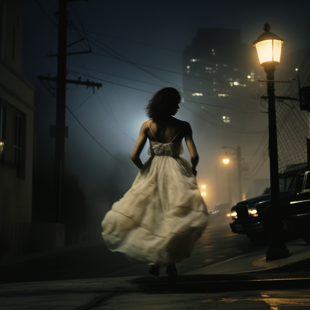 Desperate girl running down a dark street