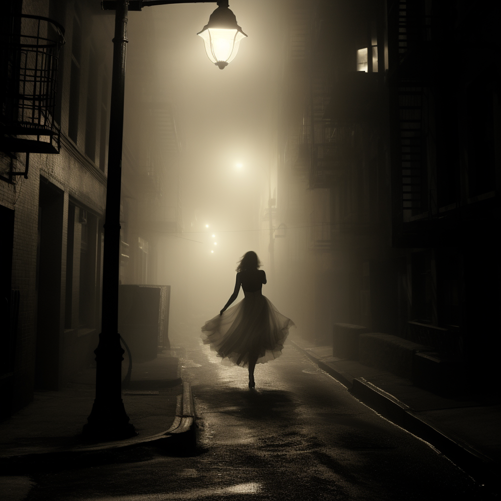 Woman in white dress running on eerie street