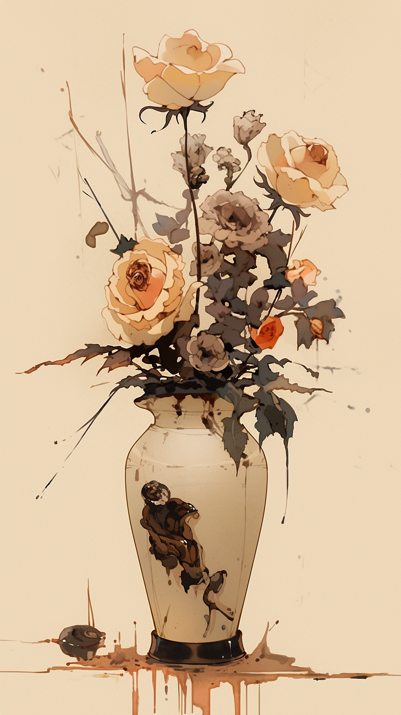 Analog painting of dessert vase with wilted flowers