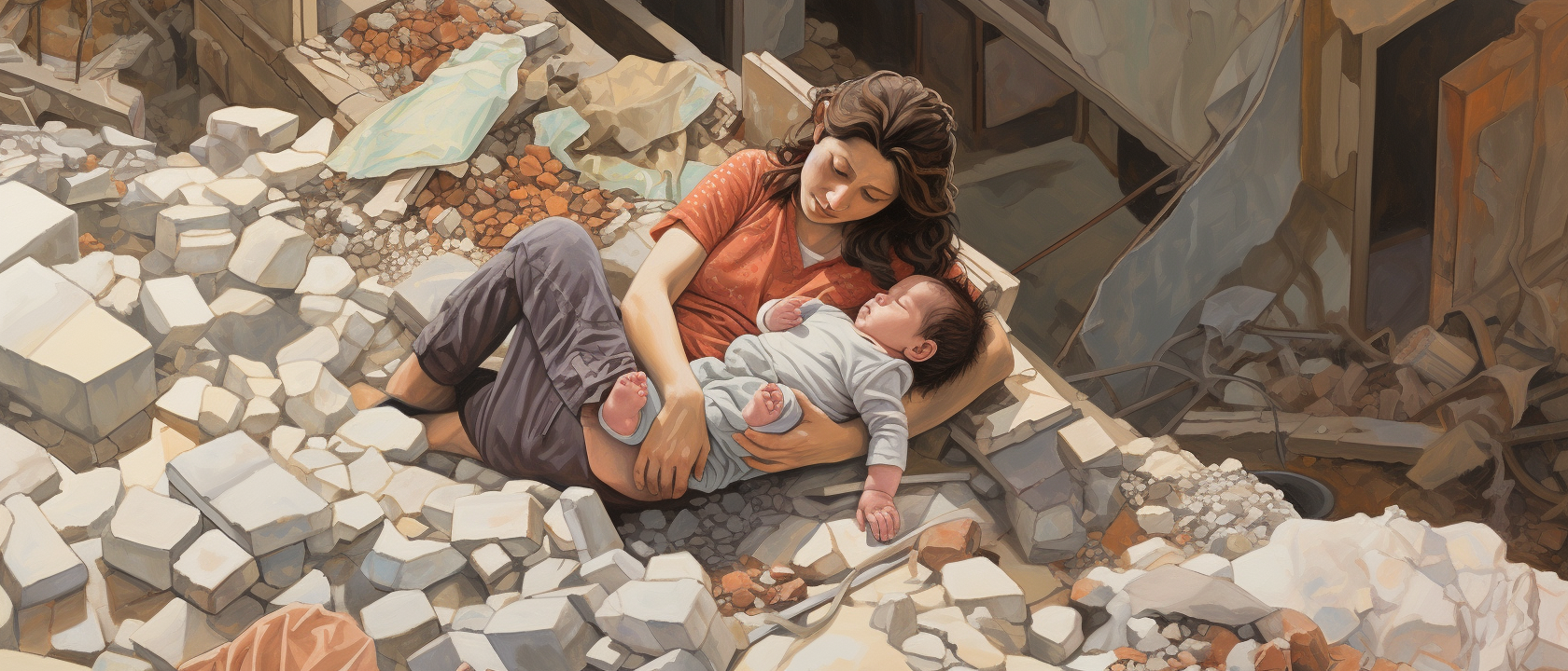 Mother and child in stone arms amidst a destroyed city