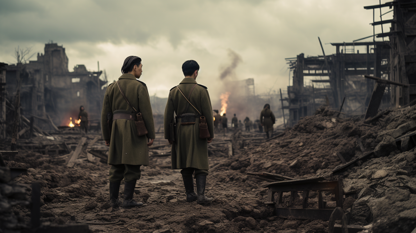 Japanese soldiers in a devastated city