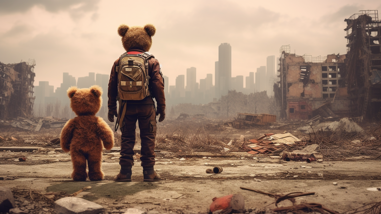 Teddy bear standing in front of destroyed city