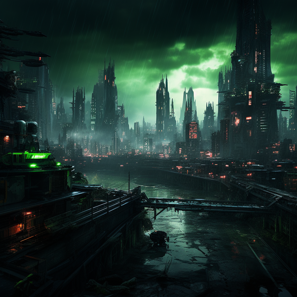 Dark Cyberpunk City with Neon Green Accents