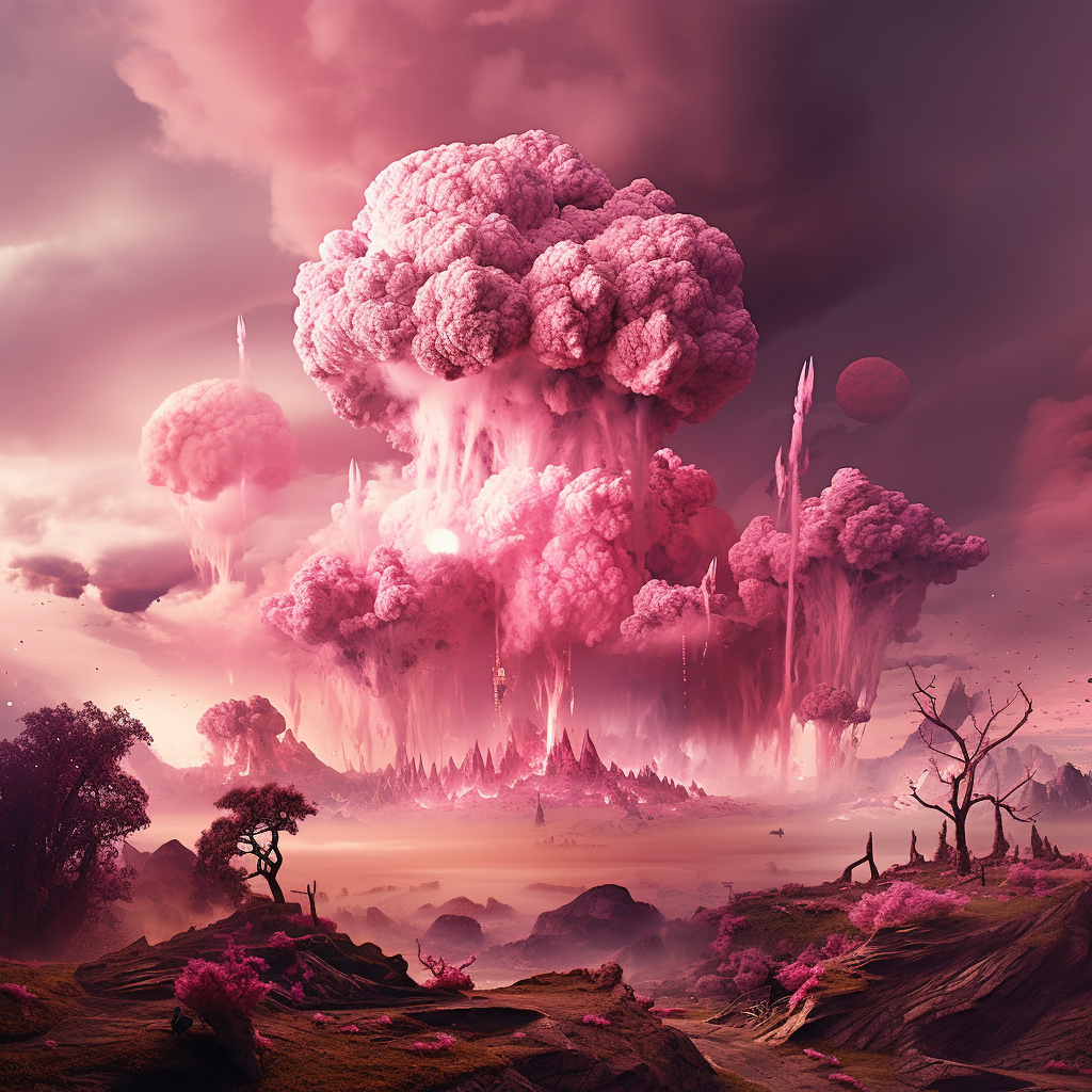 View of destroyed Earth with pink mushroom clouds