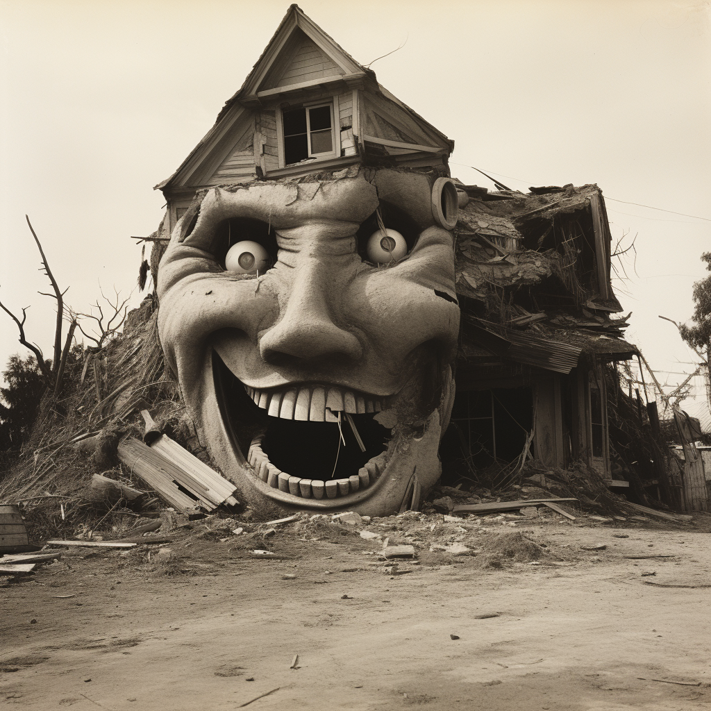 Terrifying destroyed house resembling a face