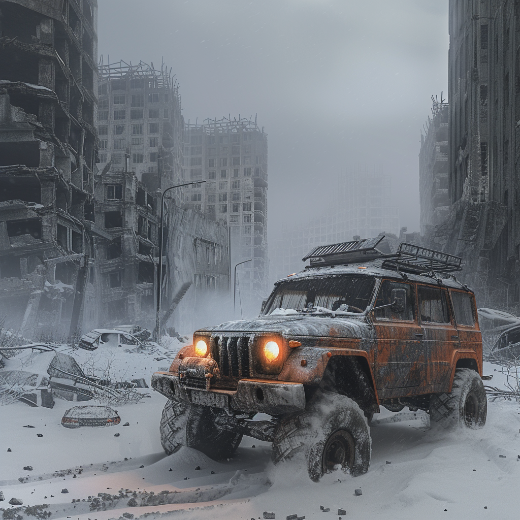 Post-apocalyptic Russian city with vehicle