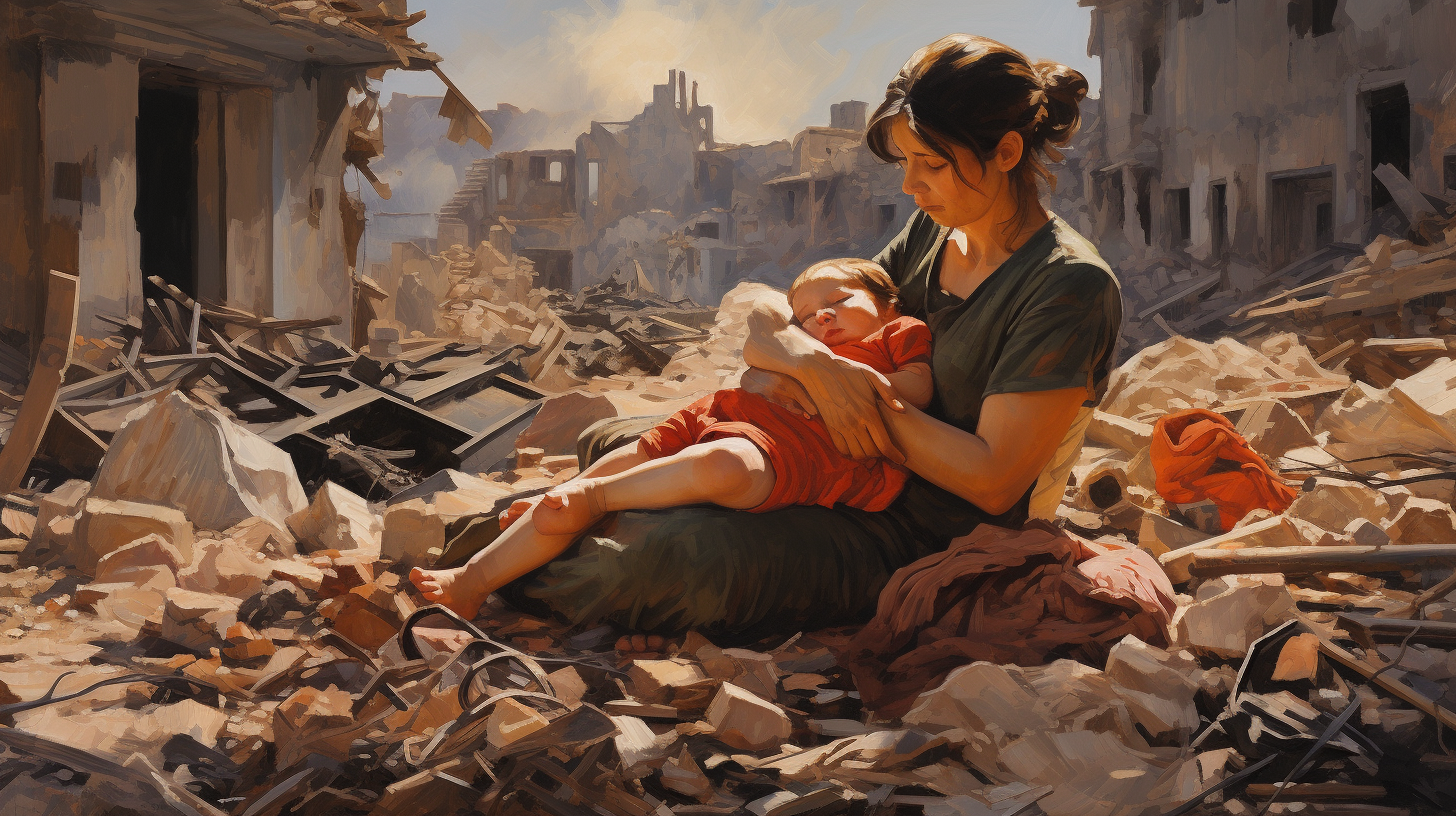 Mother and Child made of stones in destroyed city