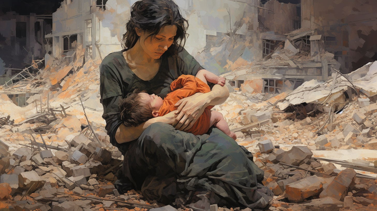 Mother and Child amidst City Destruction