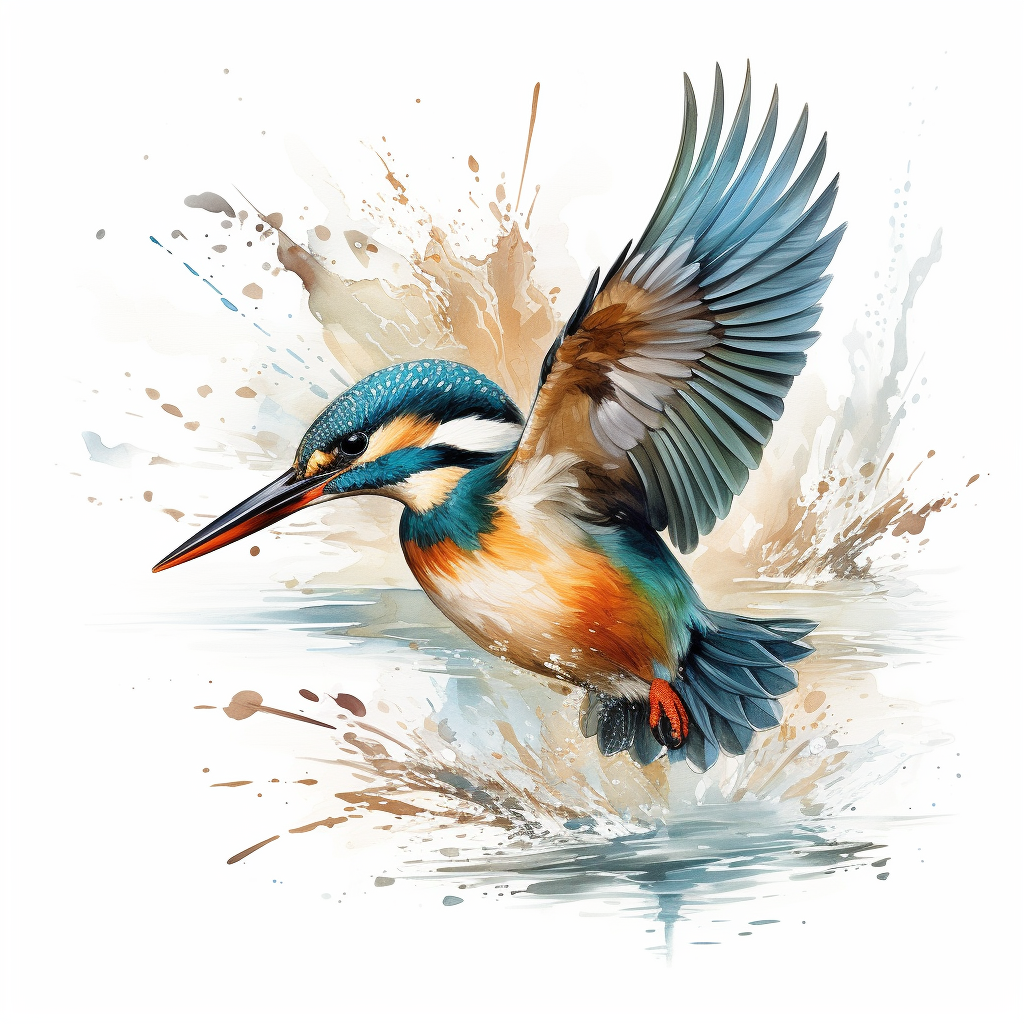 Detailed kingfisher swooping river scene