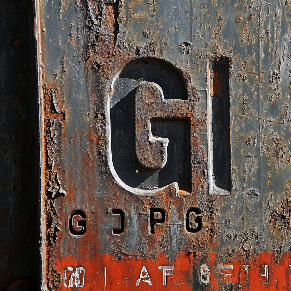 Detailed logo with  G I  subheading in Helvetica bold typeface made of corroded metal