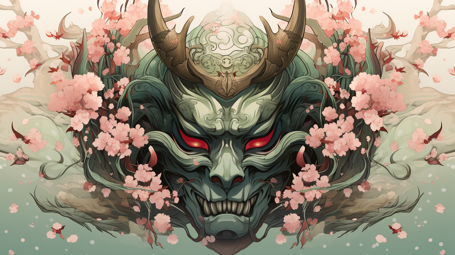 Detailed Oni Mask in Devilish Green, Pink, and Black