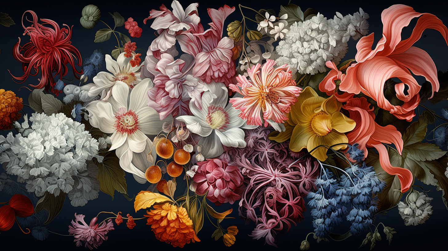 Vibrant detailed painting of various flowers