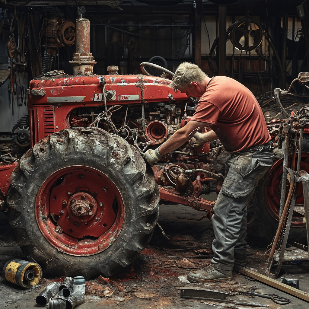 Mechanical Student Disassembling Tractor