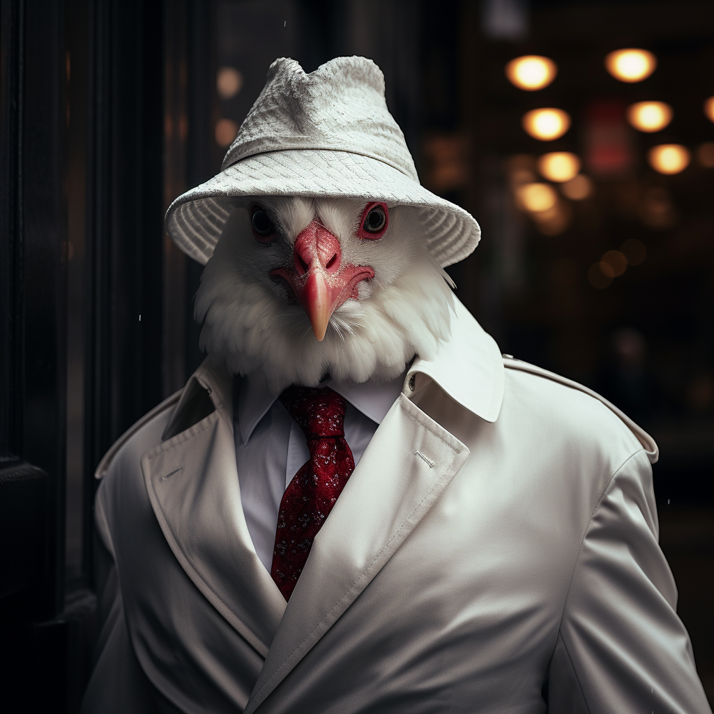 Photorealistic detective hen in London