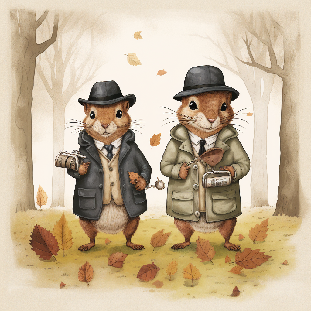 Two detective squirrels searching for clues in woods