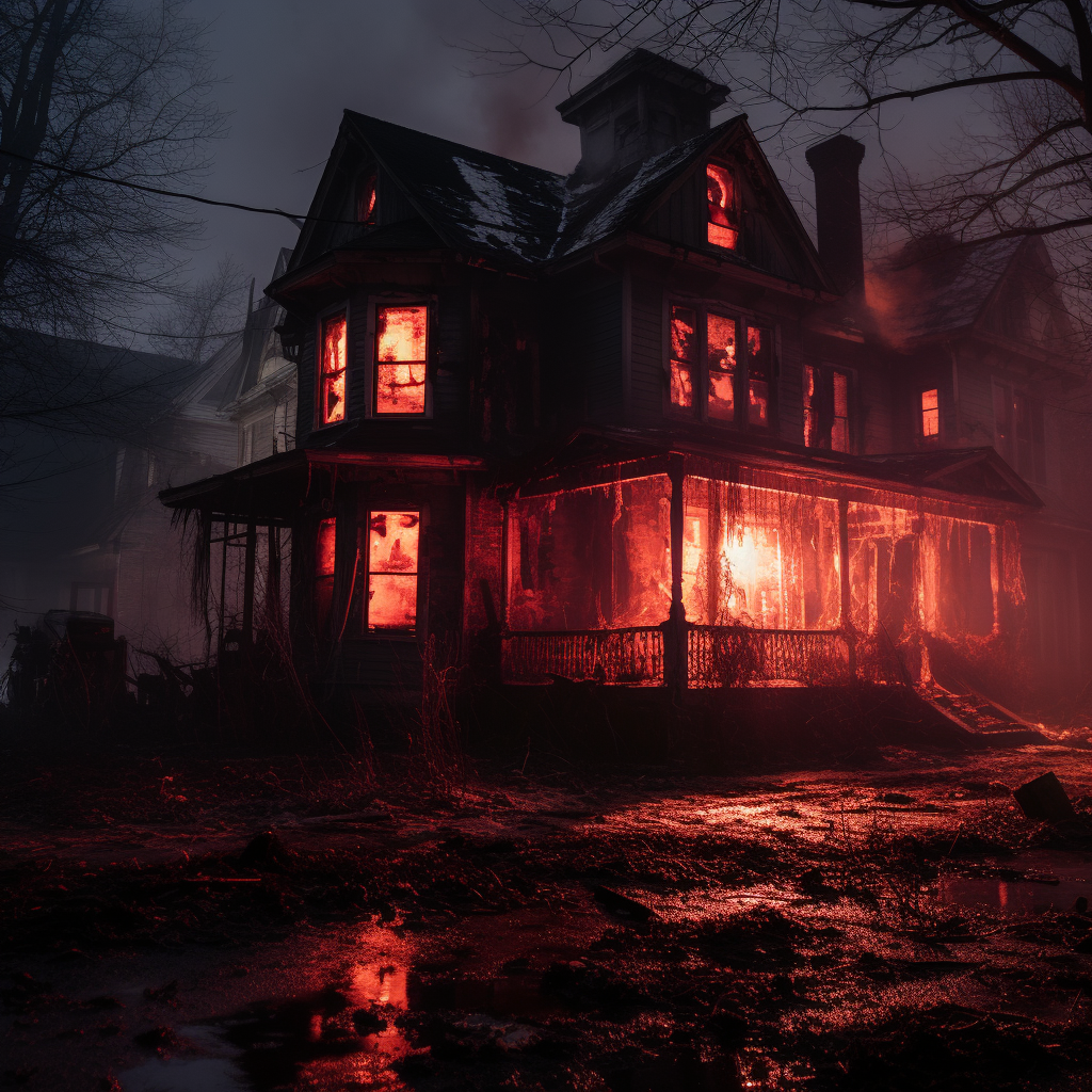 Eerie Victorian house with red lights