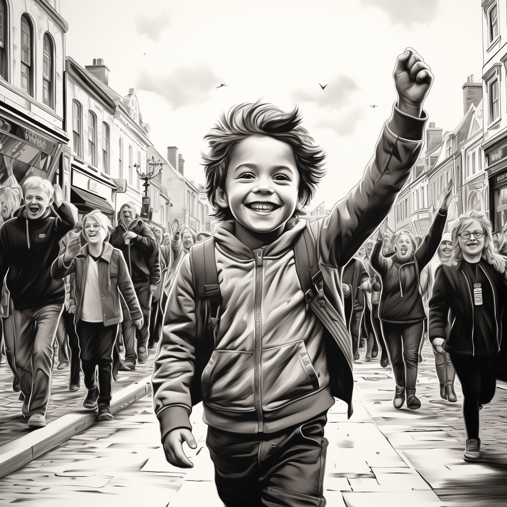 Young boy walking against celebrating crowd