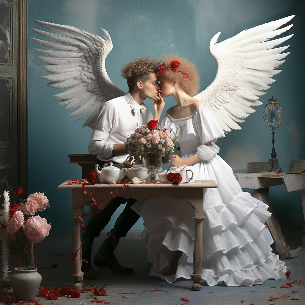 Surrealistic painting of deux anges amoureux