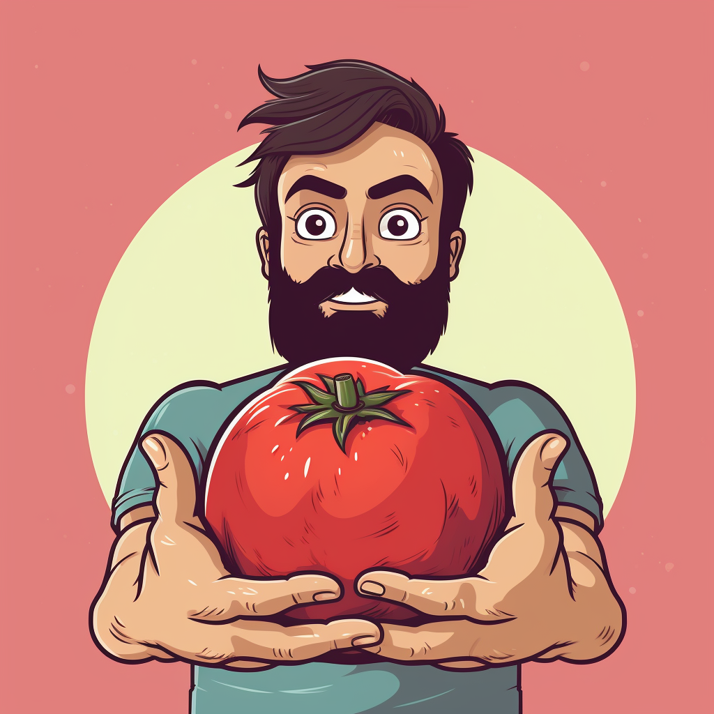 Serious developer holding a tomato