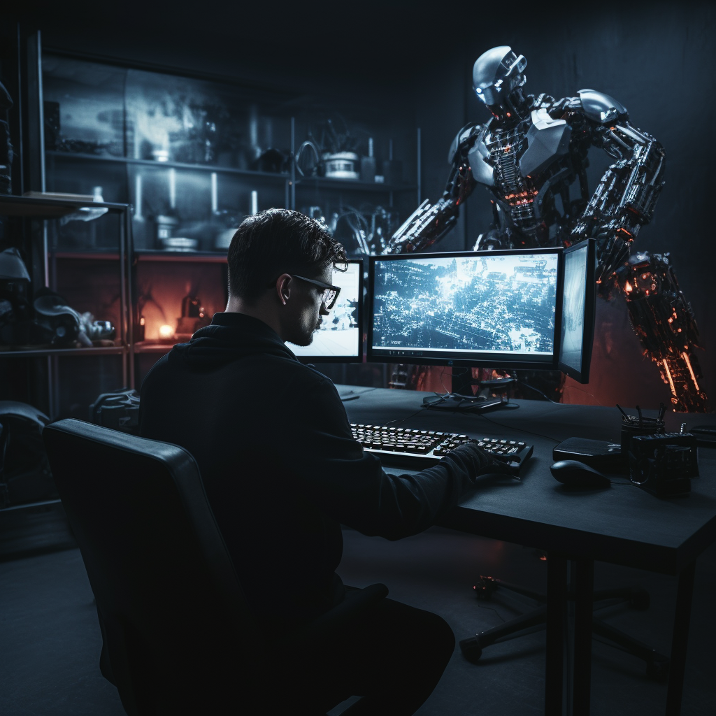 Developer assisted by humanoid using a computer keyboard