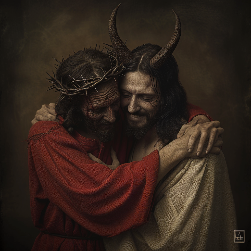 Devil and Jesus Hugging