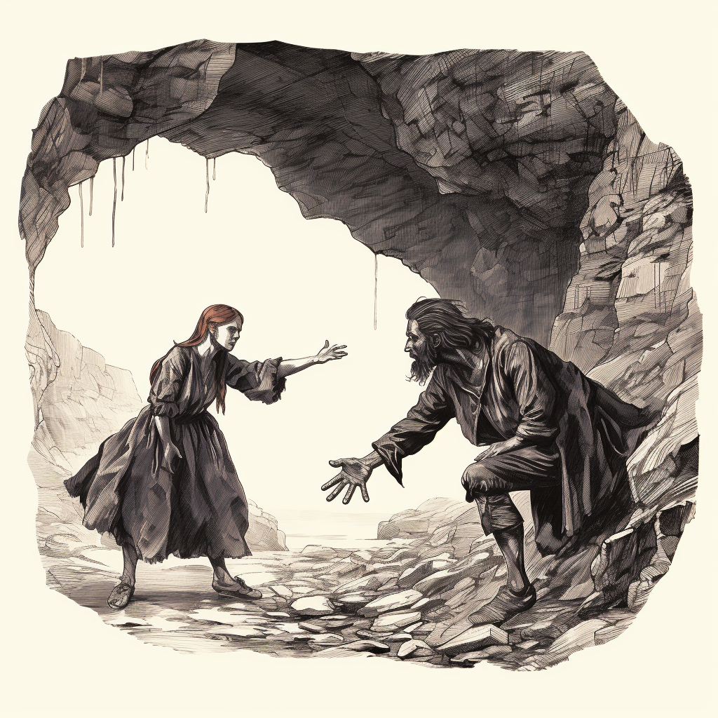 Illustration of a devil pointing at a woman