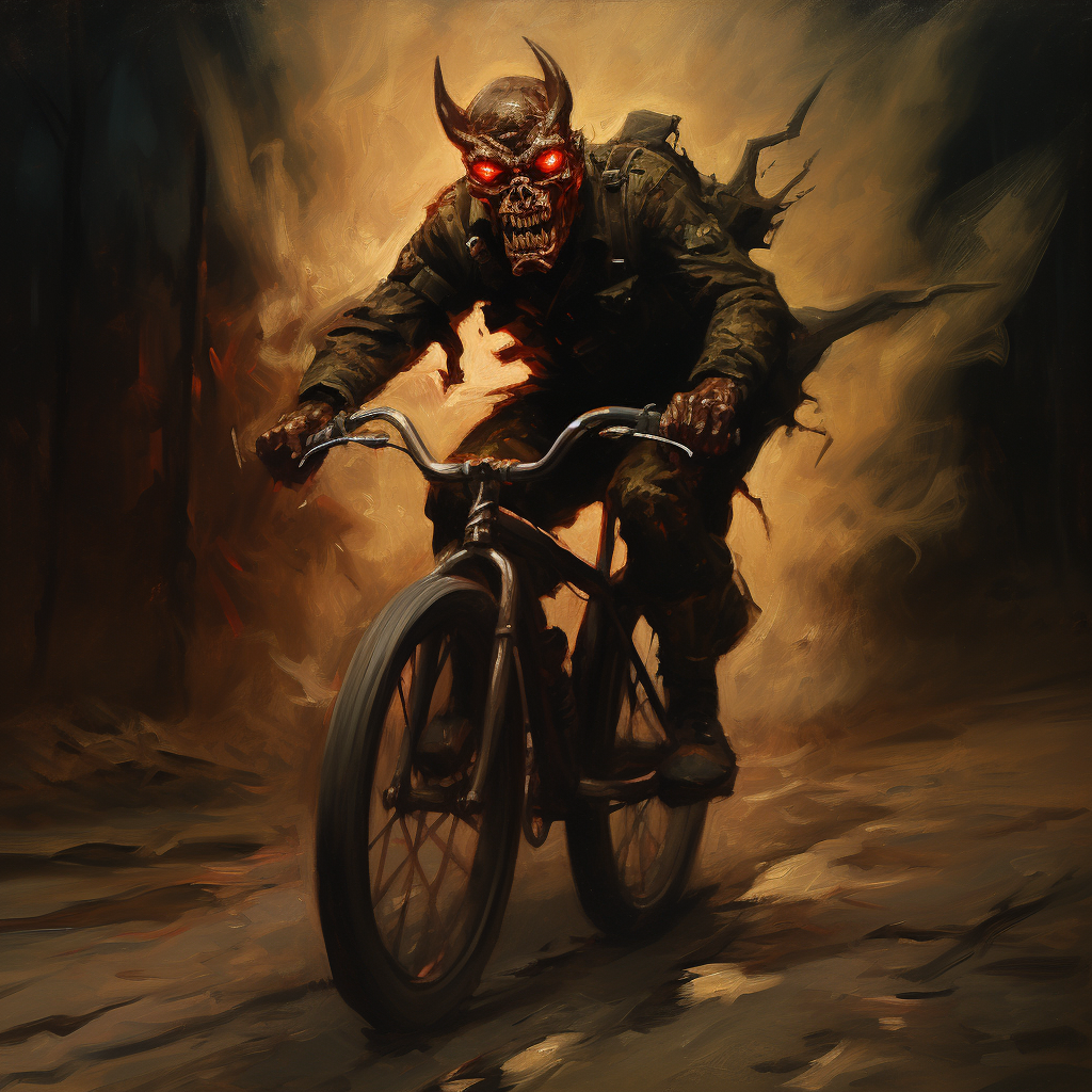 Devil riding a bicycle in a cartoon military uniform